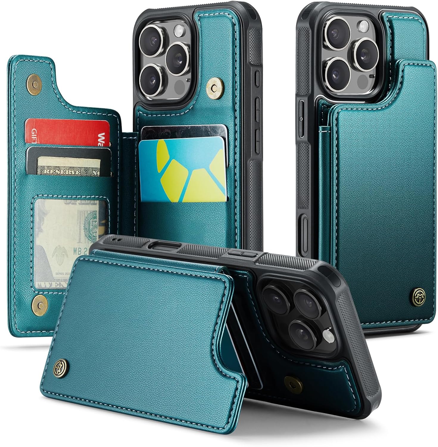 Compatible with iPhone 16 Pro 6.3 Wallet Case with Card Holder RFID Blocking for Women Men, Double Magnetic Clasp Kickstand Shockproof Phone Case Fit for iPhone 16 Pro, Bluish Green